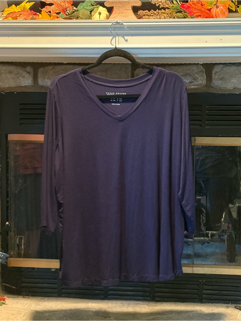 Susan Graver Deep Blue V-Neck Long Sleeve Tee